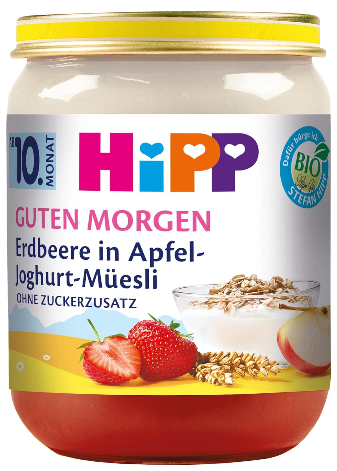 Müzli joghurttal és almával eperrel HiPP Organic Good Morning (6 x 160g), 10 hónapos kortól, hozzáadott cukor nélkül, értékes kalciummal, a legjobb bio minőségben