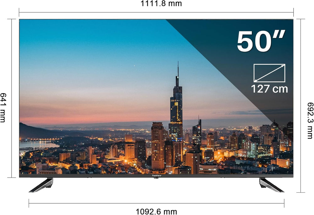 TEEVIEW Google Smart TV | QLED 4K UHD | 50”/127cm | Design fără ramă | Tuner triplu DVB-T/T2/S/S2/C | HDMI x3, USB x2, CI+ | Control vocal și aplicații de streaming | Asamblat în Eindhoven | TV50QQG-EU