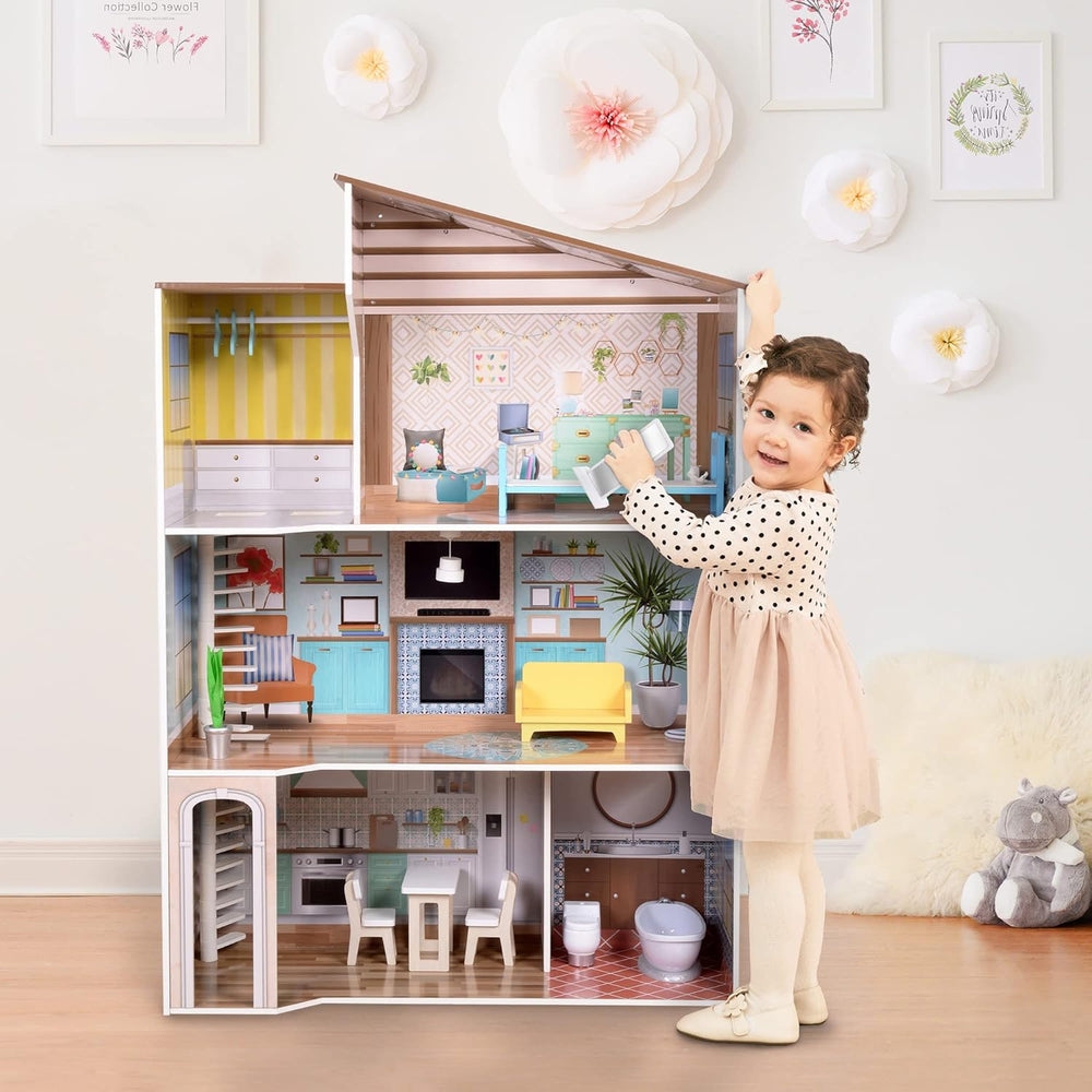 Olivia's Little World, casă de păpuși interactivă din lemn pentru copii, stil mediteranean contemporan, cu 3 etaje, cu 17 accesorii pentru mobilier de păpuși, multicoloră, TD-13551B