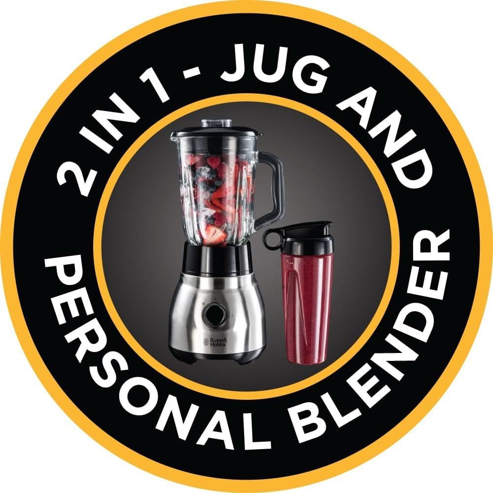 Russell Hobbs Standmixer 2-Az 1-ben [1,5 literes Glasbehälter keverő és 0,6 literes mini turmixkészítő - To-Go-Trinkflasche Inkl. Deckel] Spülmaschinenfest, Impuls-/Ice-Crush Funktion, Becher BPA Frei, Edelstahl 23821-56 Kitchen Naty Shop