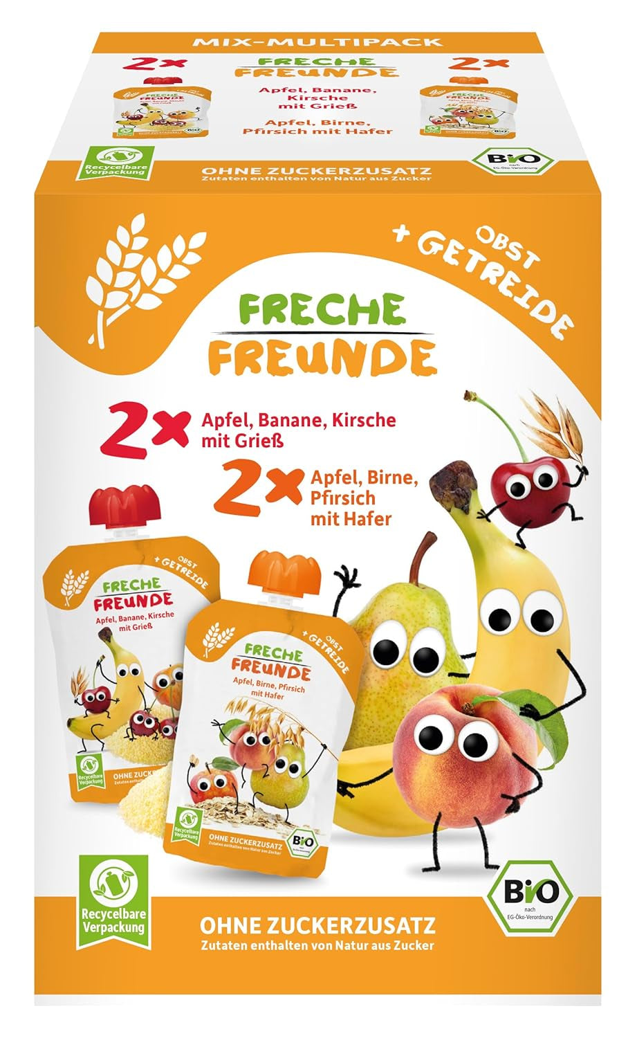 FRECHE FREUNDE Organic Mix gyűjtőcsomagolásban összenyomható tasakban - Gyümölcs + Gabonafélék, Gyümölcspüré gabonafélékkel kinyomható tasakban 6 hónapos kortól babáknak, vegán, 3, 3 x (4 x 100 g) kiszerelés