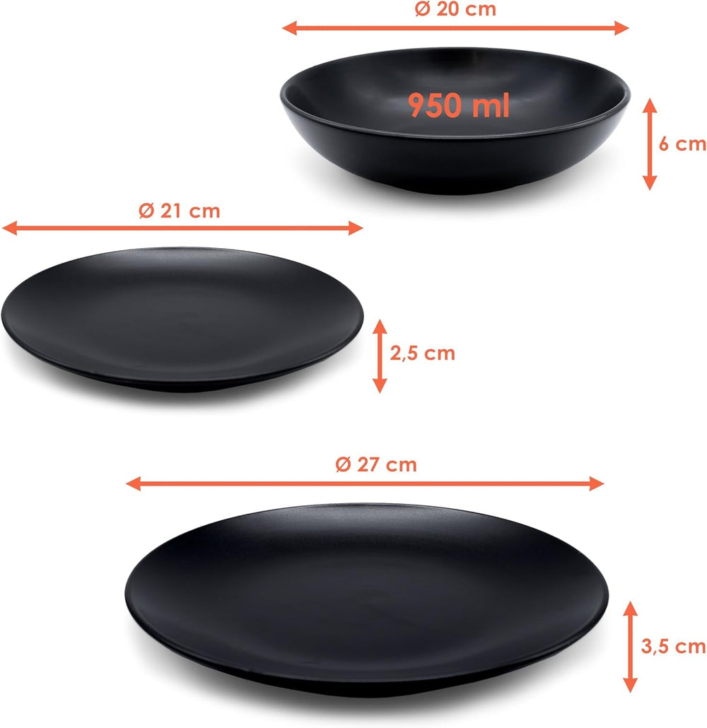Set de veselă din ceramică fină, negru mat - 18 piese - Set de veselă pentru 6 persoane, inclusiv farfurii pentru tort, farfurii pentru cină, farfurii pentru sumă - Se poate spăla în mașina de spălat vase