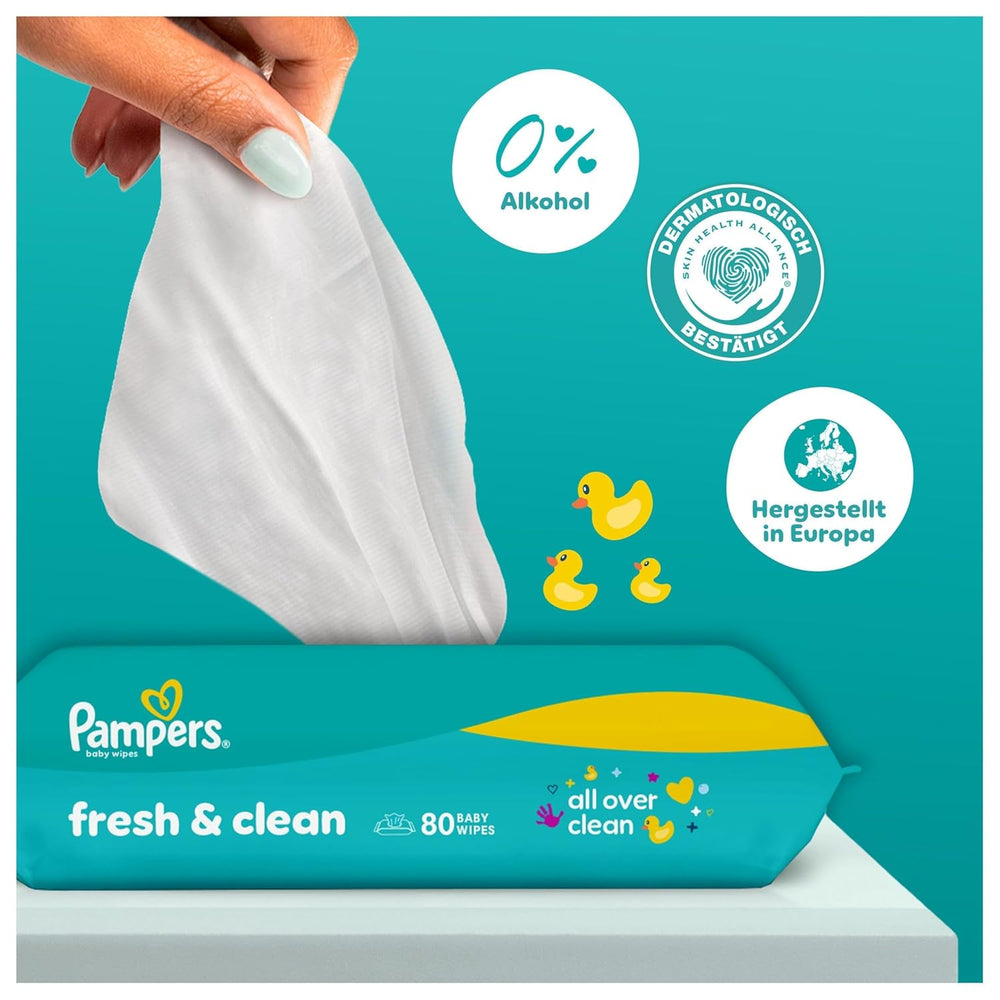 Pampers Fresh Clean nedves törlőkendő, 15 csomag 80 törlőkendő, összesen 1200 törlőkendő, könnyű illat, kézre és arcra is alkalmas