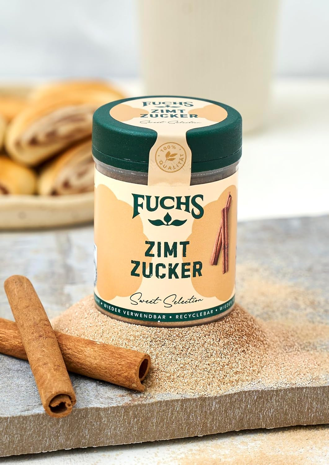 Fuchs Gewürze - Zimt Zucker - Klassisches Gewürz für Milchreis, Pfannkuchen oder Wafeln - aus natürliche Hozzávaló - 100 g in wiederverwendbarer, recyclebarer Dózis