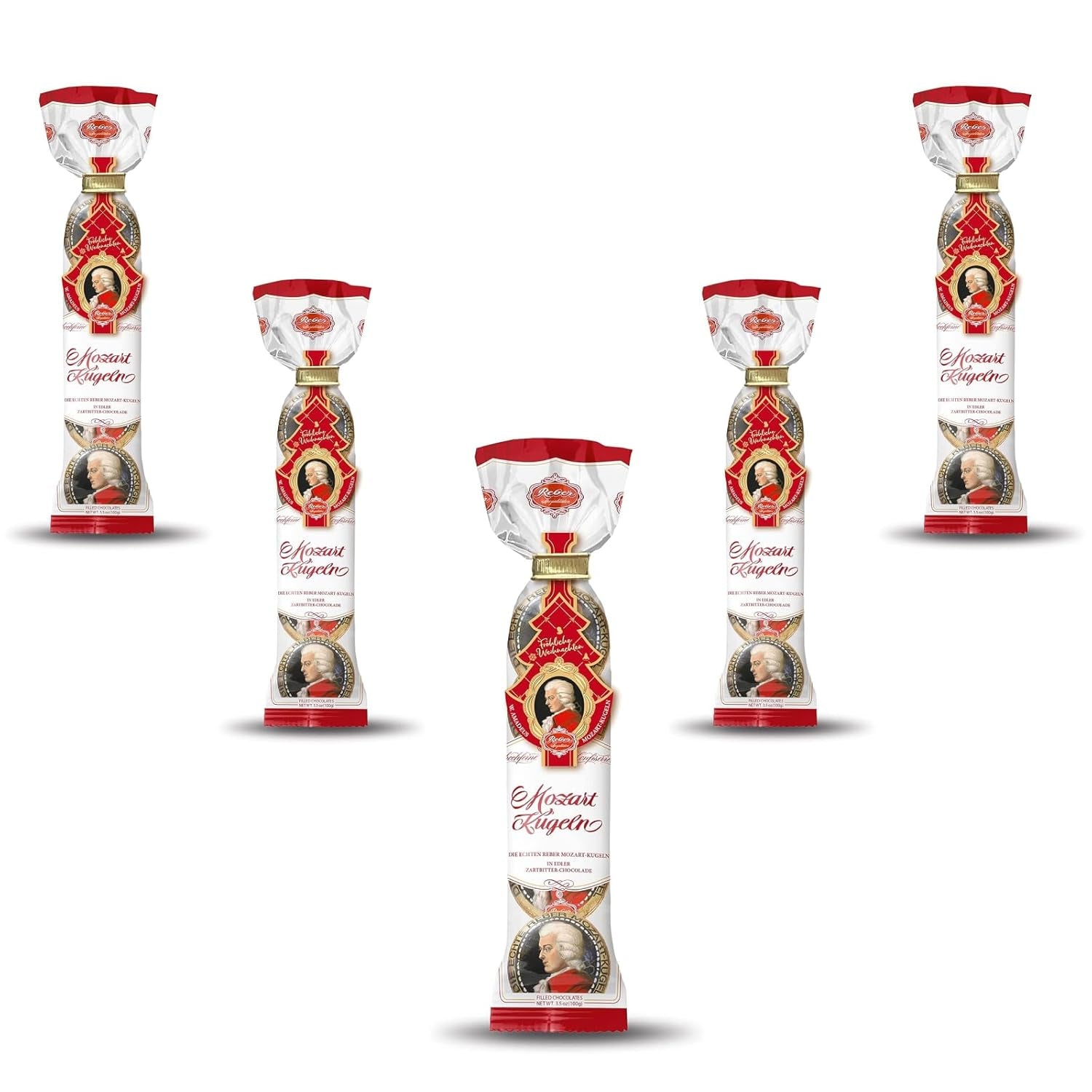 Reber Mozart golyók - 5 zacskó 5 édesség karácsonyi kiadásban - Eredeti Reber Mozart golyók, étcsokoládéból, marcipánból és nugátból