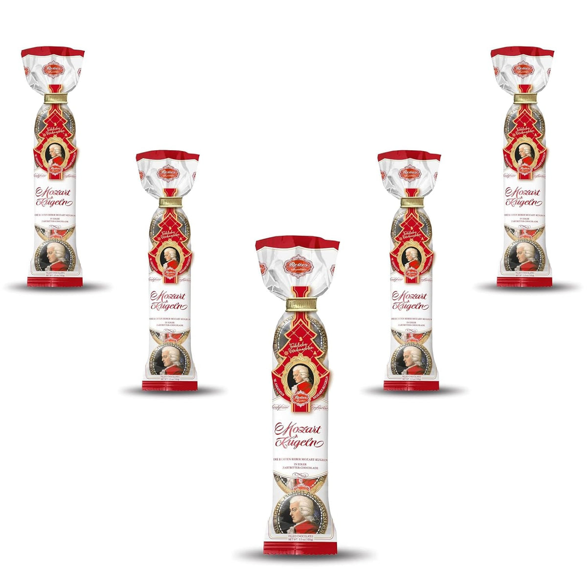 Reber Mozart golyók - 5 zacskó 5 édesség karácsonyi kiadásban - Eredeti Reber Mozart golyók, étcsokoládéból, marcipánból és nugátból