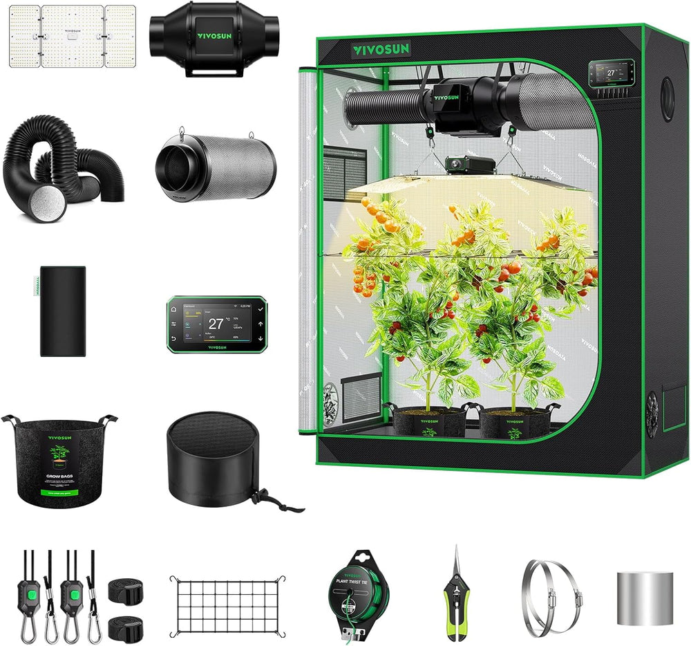 VIVOSUN Smart Grow sátor teljes készlet 60x60x120cm, integrált WiFi automatikus növesztő rendszer 100W teljes spektrumú LED világítással és hatékony szellőzőrendszer GrowHub E42A+ vezérlővel