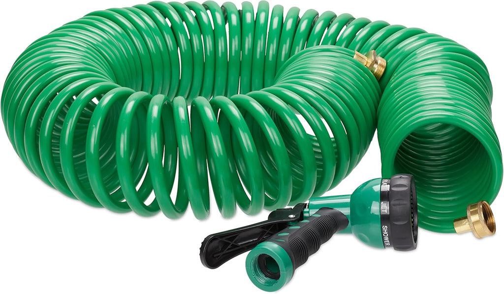 Furtun spiralat Relaxdays, extensibil până la 20 m, furtun flexibil de grădină cu pulverizator de apă, 7 modele de pulverizare, verde