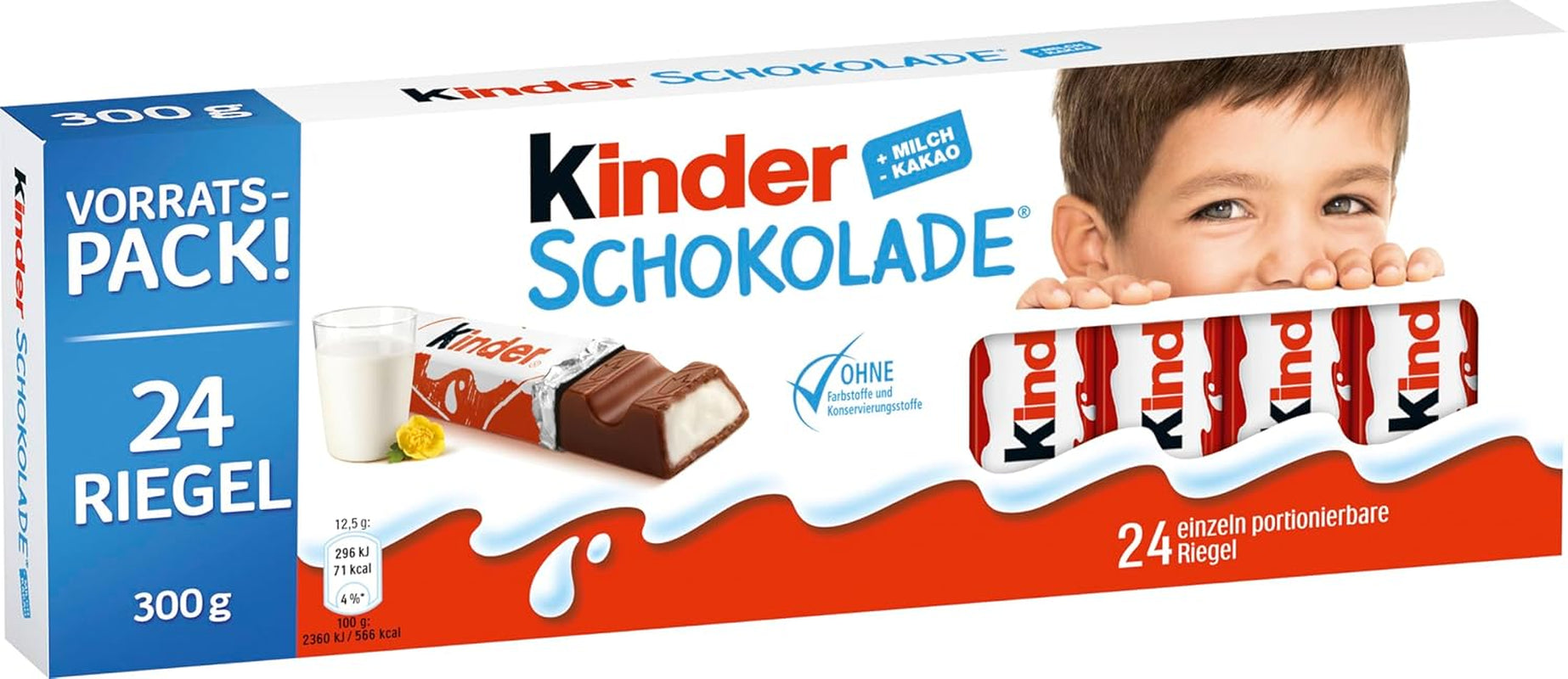 Kinder Chocolate – töltött tejcsokoládészeletek – 1 csomag 24 darab különálló szeletet (24 x 12,5 g) tartalmaz.