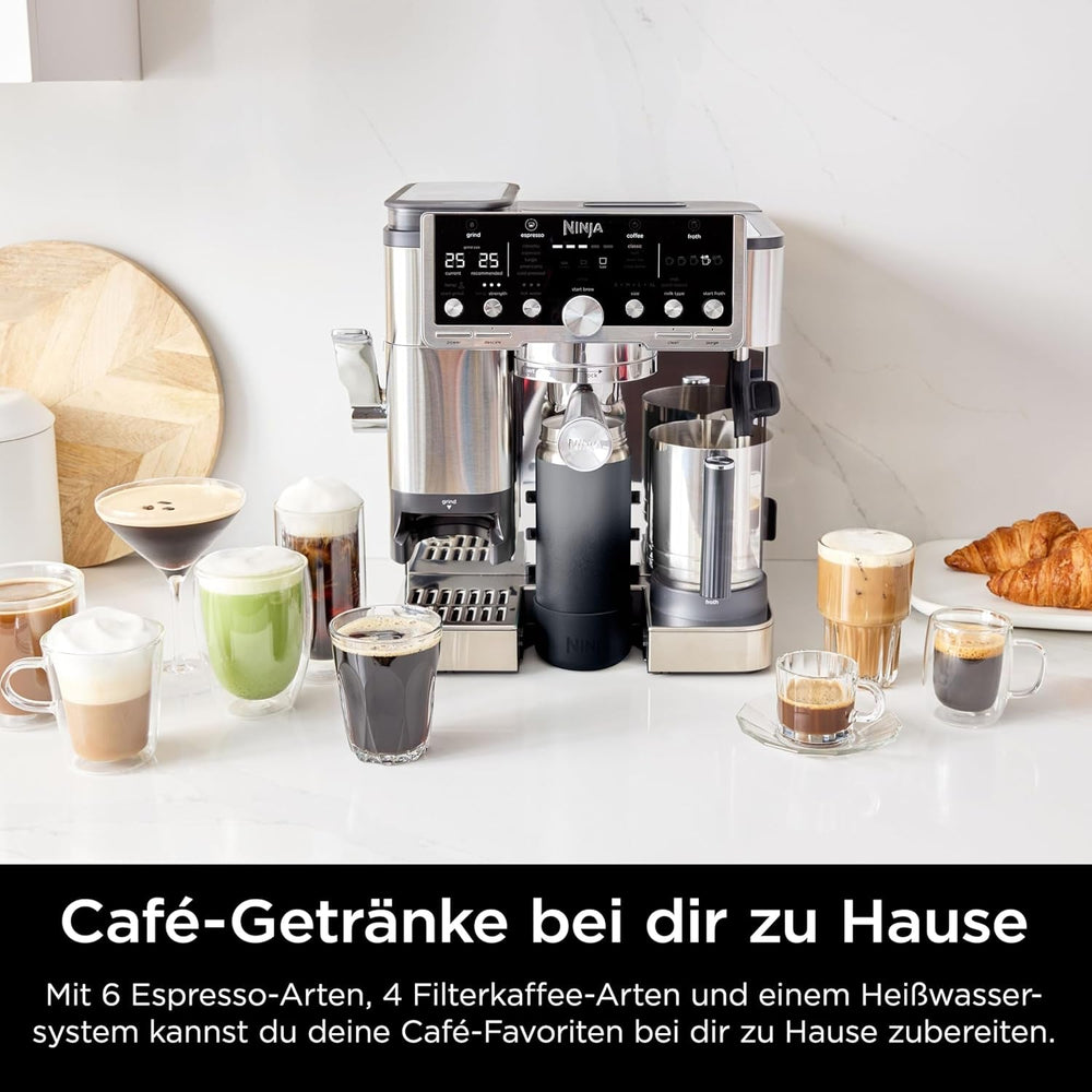Aparat de cafea Ninja Luxe Pro 3 în 1 cu râșniță și spumator pentru latte, cappuccino, Cold Brew și espresso, ușor de utilizat, 5 presetări pentru spumator, argintiu, ES701EU