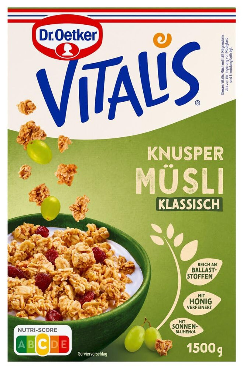 Dr. Oetker Vitalis klasszikus ropogós müzli: nagy csomag ropogós reggeli müzli mazsolával, 1 csomag, 1,5 kg