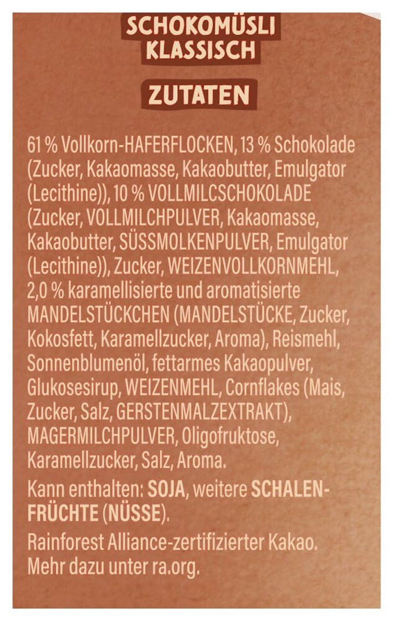 Dr. Oetker Vitalis csokoládé müzli klasszikus: Reggeli müzli tejjel és étcsokoládéval, 7 db-os (7 x 600g) csomag