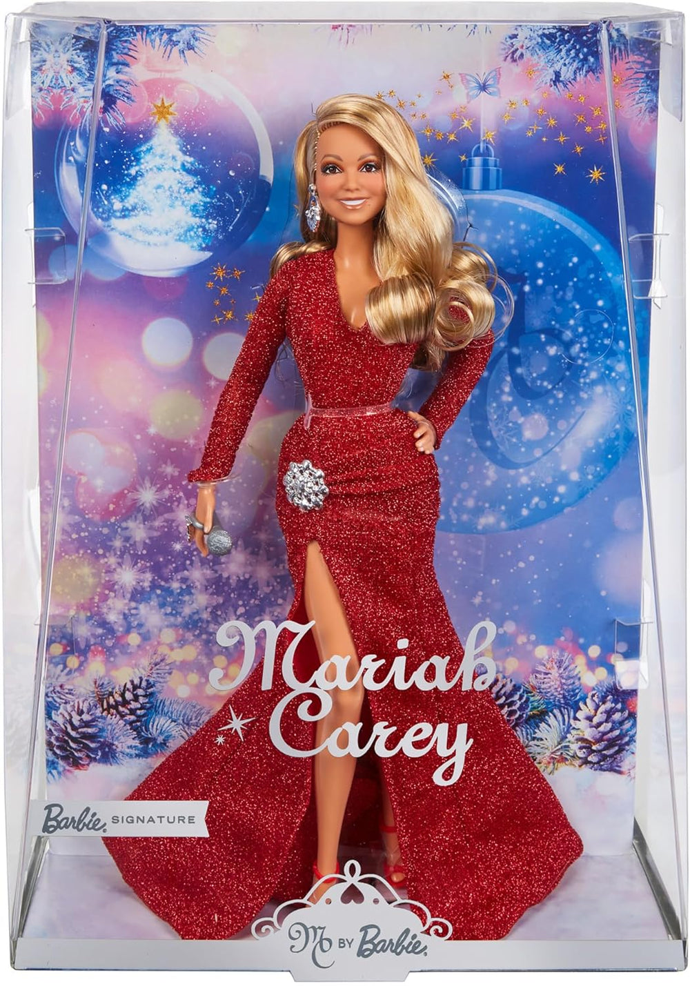 Barbie Mariah Carey - Sammelpuppe mit glänzener red Robe, Rüschen, Schlitz, glamouröse Locken, silberfarbene Accessoires, piros magassarkú, Weihnachtstradition, Dekoráció, HJX17