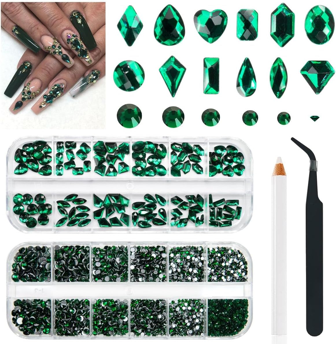 2630 buc pietre strălucitoare cristal AB pentru unghii, 120 pietre strălucitoare mari de 12 tipuri + 2510 pietre rotunde din sticlă K9 de 6 dimensiuni pentru unghii, strasuri, design de unghii, brelocuri pentru unghii pentru arta feței