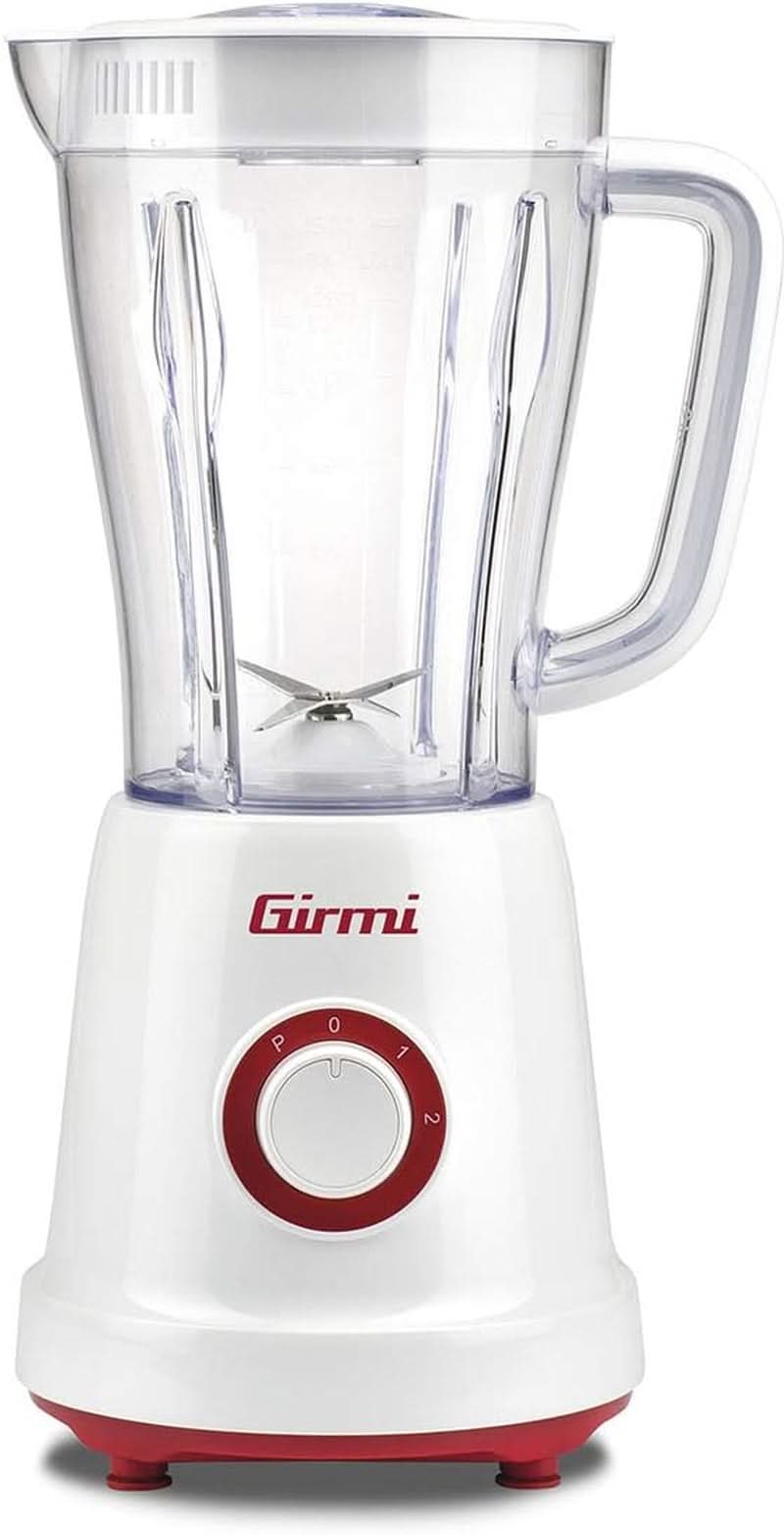 Girmi FR46 Elektrischer Mixer, 1,5 liter, 2 Geschwindigkeiten Mit Pulse-Funktion, 4 Edelstahlklingen, Messbecherdeckel, Messbecher Mit Scale, Sicherheitseinrichtung, Weiß/Rot Kitchen Naty Shop