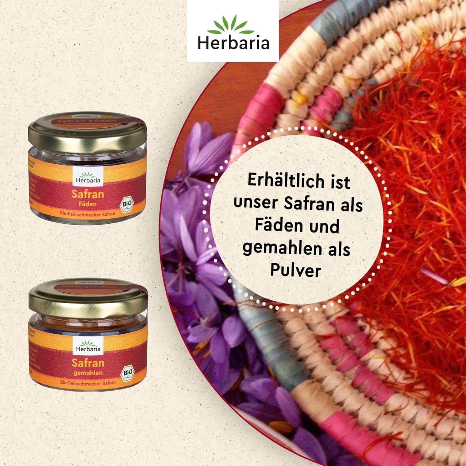 Herbaria Safran-Fäden bio 0,5g im Glas – Bio Saffron-Fäden aus dem bereicht Safran-Ort Taliouine in Marokko – Safranfäden in Premium Bio-Qualität – Saffron Premium – Safran première catégorie