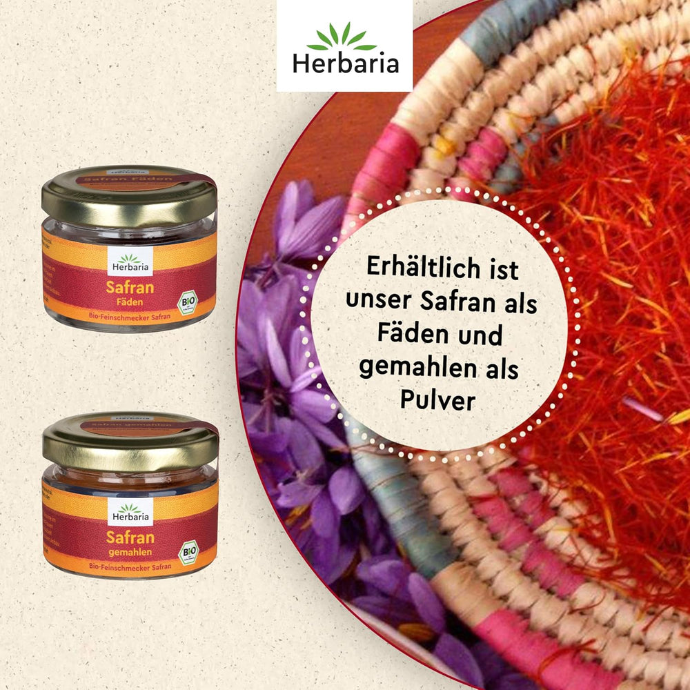 Herbaria Safran-Fäden bio 0,5g im Glas – Bio Saffron-Fäden aus dem bereicht Safran-Ort Taliouine in Marokko – Safranfäden in Premium Bio-Qualität – Saffron Premium – Safran première catégorie