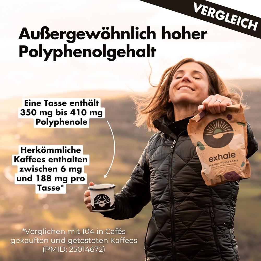 EXHALE Bio GANZE BOHNEN – Dunkel Gerösteter Kaffee – 450g Packung – Mykotoxinfrei & Geeignet für Bulletproof Coffee – Single Origin und 100% Arabica Bohnen