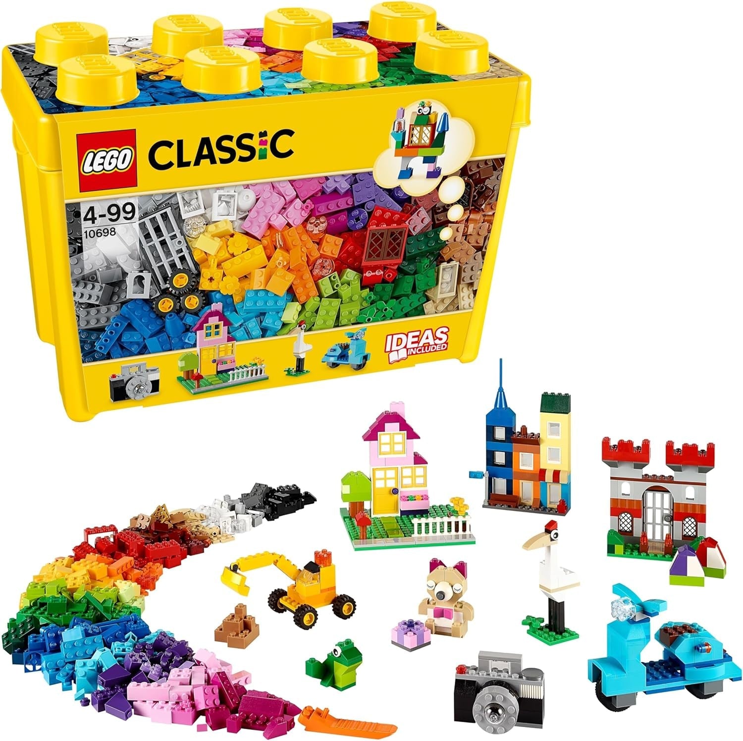 LEGO Classic Große Bausteine-Box, Konstruktionsspielzeug für Mädchen und Jungen mit Aufbewahrungsbox, enthält Bunte Steine, Reifen, Türen, etc. in 33 Farben, Geschenk für Kinder ab 4 Jahren 10698