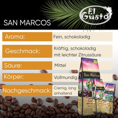 El Gusto San Marcos Spezialitätenkaffee | Ganzen Bohnen Mittlere Röstung | Gourmetkaffee mit Schokoladenaroma mit leichter Zitrussäure | 100% Arabica Kaffee aus Costa Rica | Specialty Coffee | 250 g
