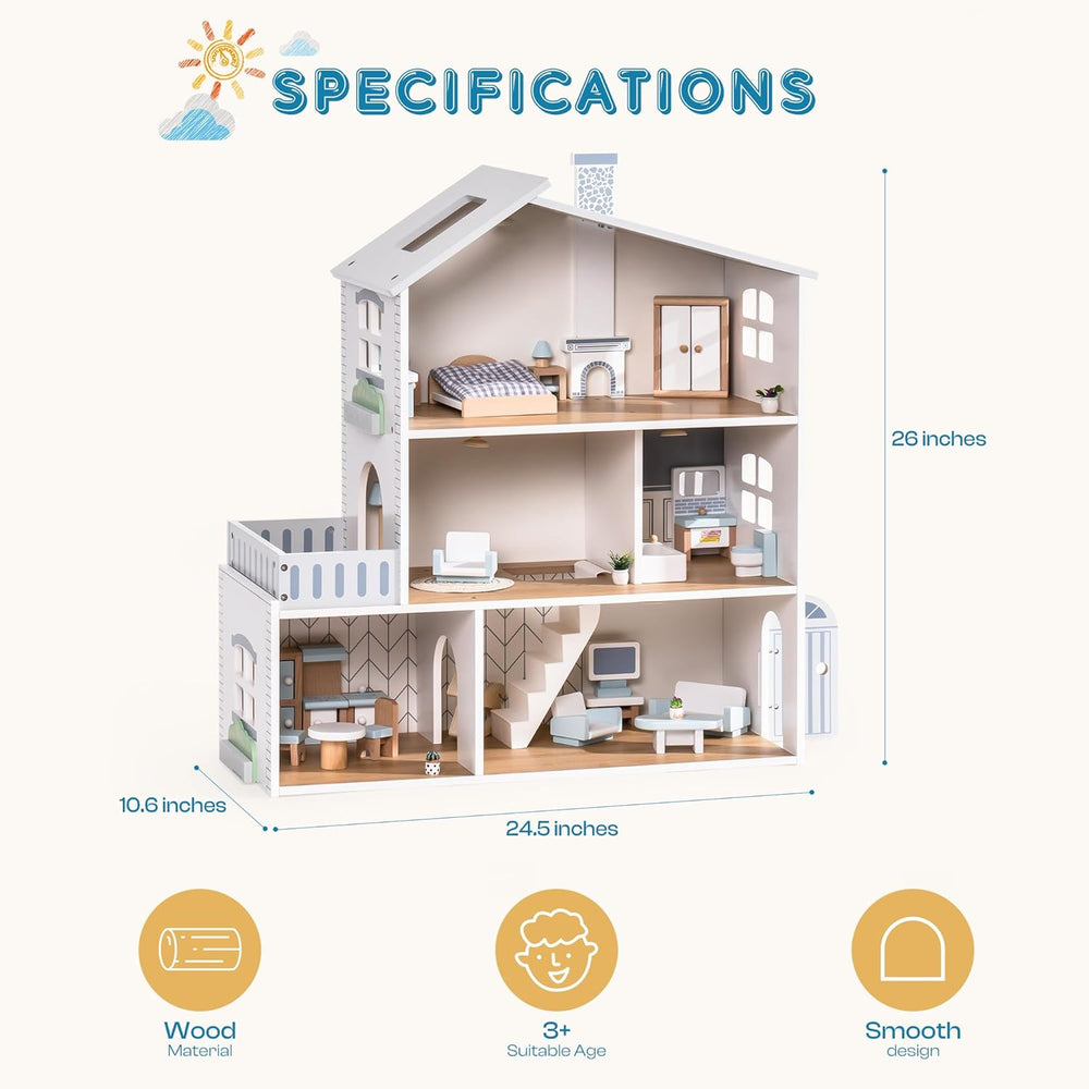 ROBUD Casă de păpuși din lemn cu lumini, 3 etaje, include mobilier și scări, jucărie pentru copii de 3 ani și peste