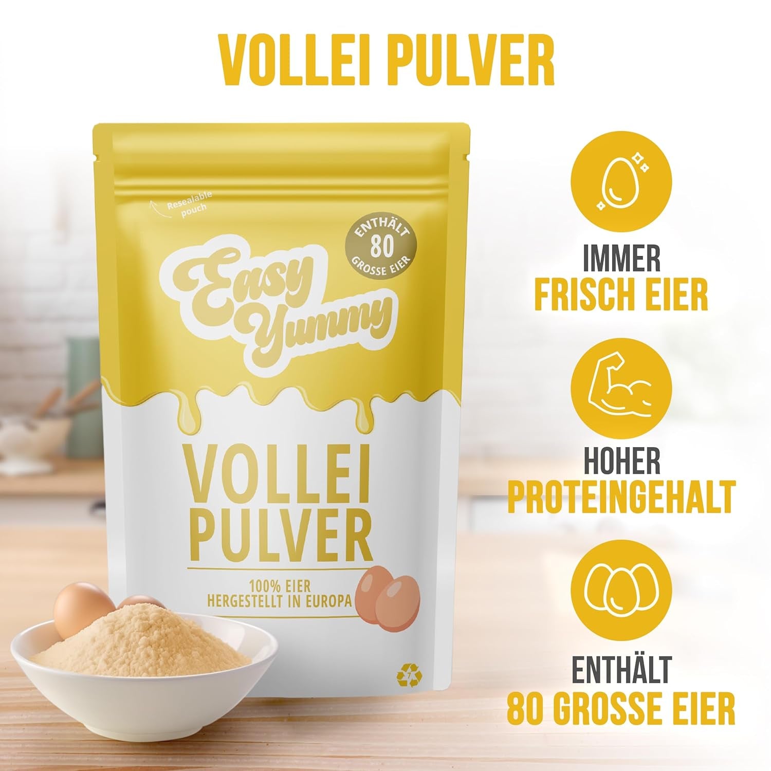EASY YUMMY - Vollei-Eipulver (1000g = 80 Eier) aus Regionalen Niederländischen Freiland-Eiern | mítosz 1-Ei-Messlöffel | Wiederverschließbarer Beutel, lange Haltbarkeit | Rührei, Kochen, Backen | 100%-ban őket
