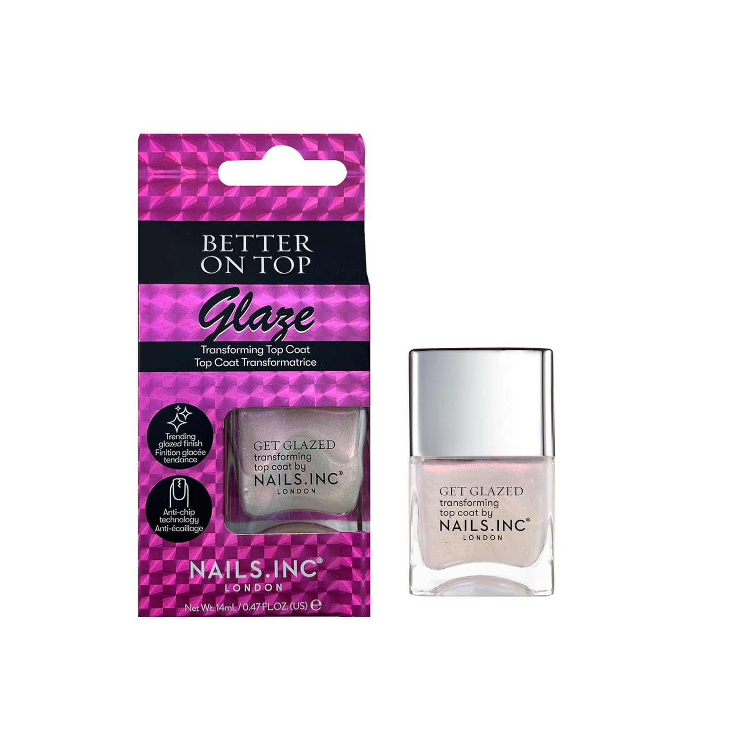 Nails Inc Better On Top, csillogó, fényes, fényes, körömlakk, repedésmentes, hosszan tartó, gyorsan száradó, levegőn száradó, professzionális manikűr és pedikűr, ujj- és lábkörmök, vegán körömlakk, 14 ml