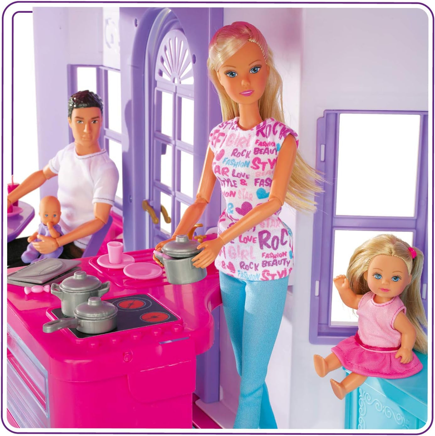 Simba 104661996 - Steffi Love Dreamhouse, Nagy játszóház, 4 szoba, BÁBOK NINCS, 84 cm magas, kétszintes, funkcionális csengő, összecsukható Naty Shop babaházak