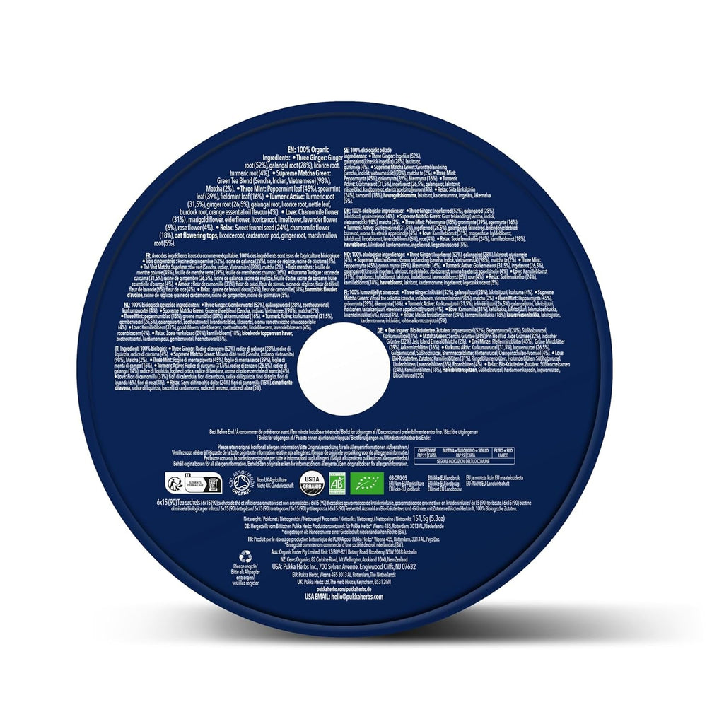 Set cadou ceai Pukka, cutie ceai organic Premium Selection „Wellness Von Früh Bis Spät”, matcha, curcuma, set ceai, idee cadou, 6 variante, 90 pliculețe de ceai