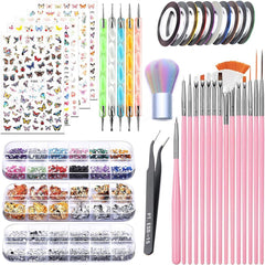 Set de stickere și accesorii pentru unghii - 5 stickere pentru unghii, pensulă, pietre, bandă decorativă, foiță de aur - Perfect pentru manichiură și unghii cu gel - Set de 50 de piese