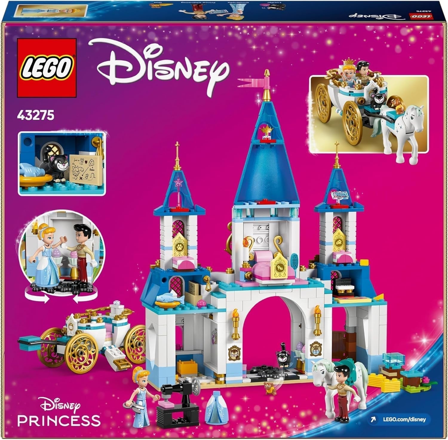 LEGO Ç€ Disney Princess Castle Hamupipőke és lovas kocsi, szett 6 éves kor feletti lányoknak, Fantasztikus játék Hamupipőke hercegnővel és Herceg bájos mini babákkal, ajándékötlet Disney rajongóknak 43275 Építőkészlet Beuche den LEGO-Store
