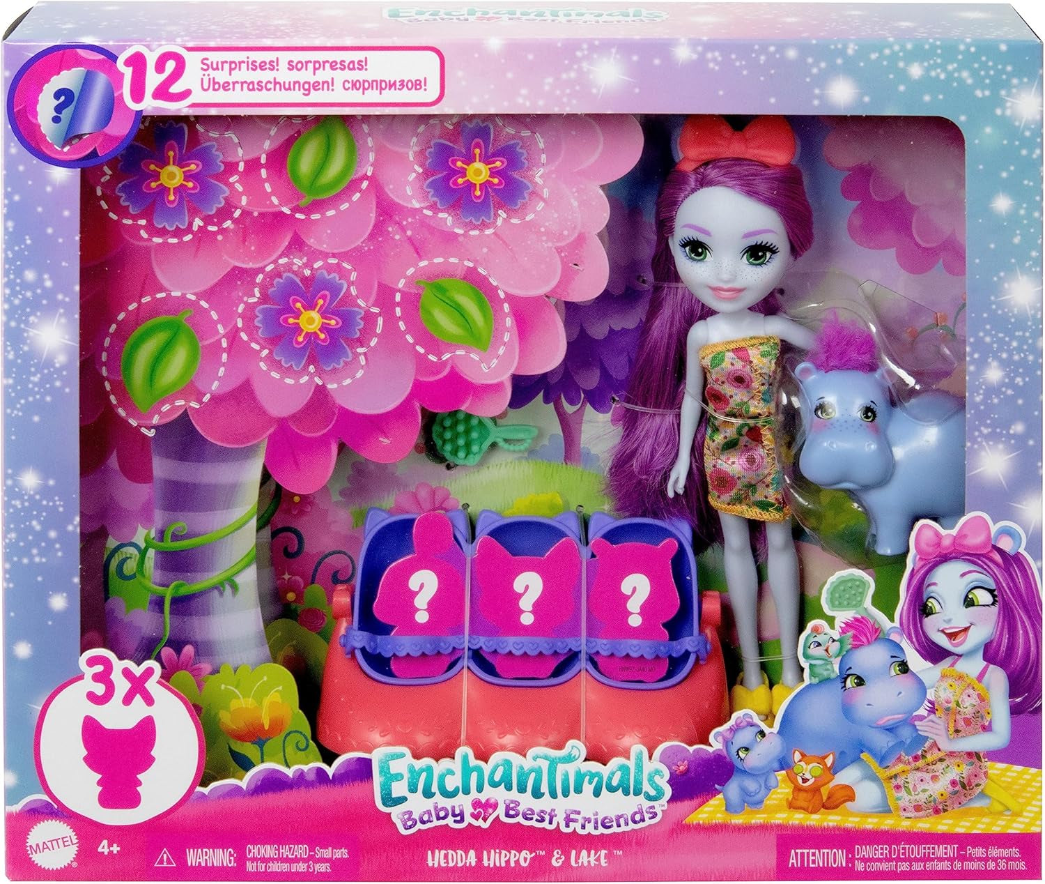 Enchantimals Puppen, Baby Best Friends-Spielsets, kleine Puppe, Freundin-Figur, 3 Tierbabys und Zubehör, Überraschung beim Auspacken, Geschenke für Kinder - HNW97