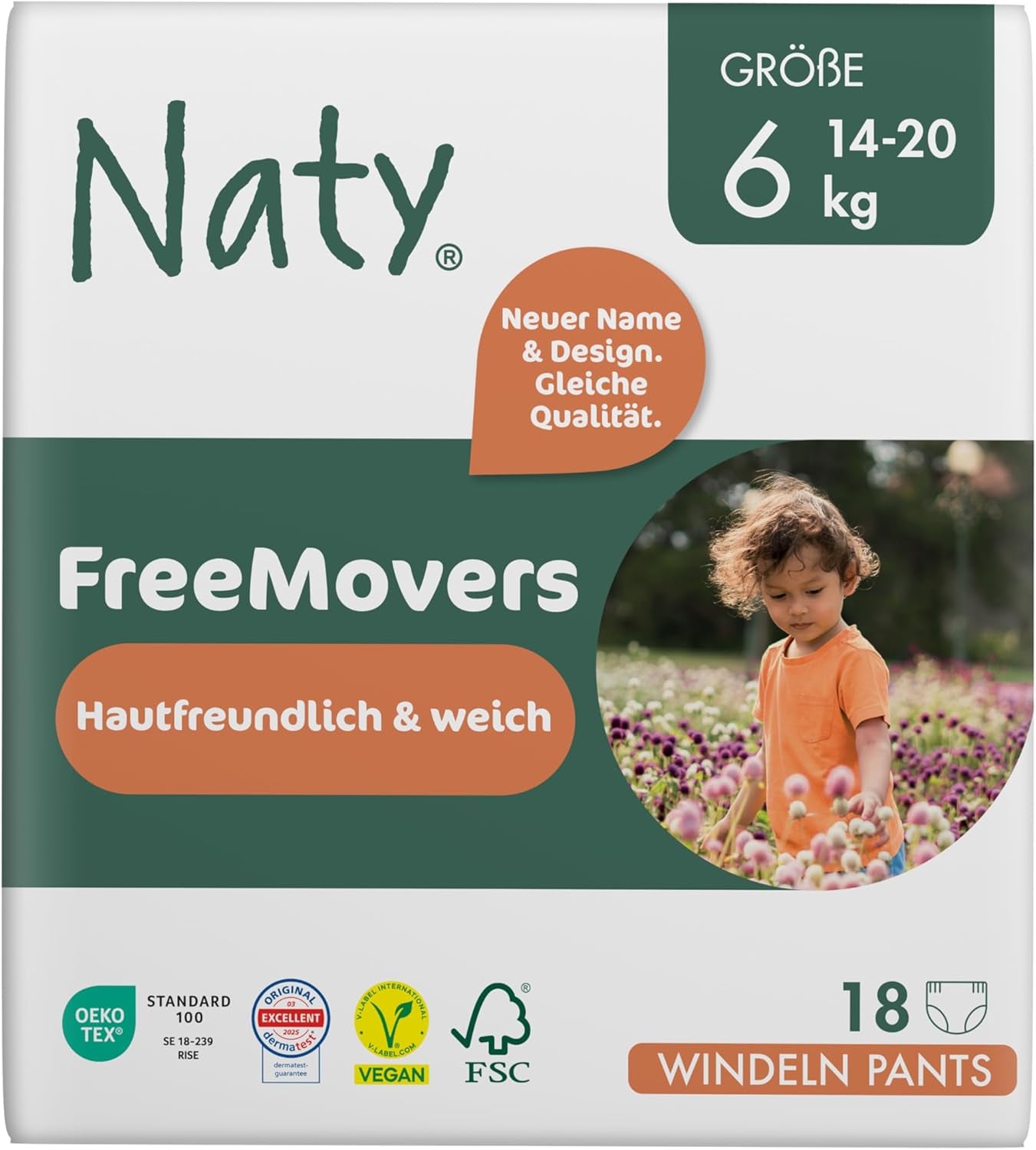 Naty FreeMovers babapelenkák | Tanúsított bőrbarát pelenkahuzatok | Lágy és illatmentes | Nedvszívó és szivárgásmentes | Bőrgyógyászatilag tesztelt 5-ös méret (12-18 kg) | 80 darab