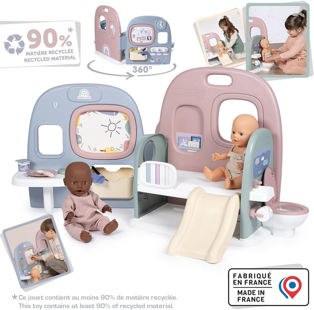 Smoby - Îngrijire bebeluși Creșă pentru păpuși - Centru de joacă pentru păpuși Creșă + Grădiniță Viața de zi cu zi - Zonă de joacă pliabilă, cu rotire la 360° - 6 accesorii - Fabricată din 90% material reciclat în Franța, de la 3 ani