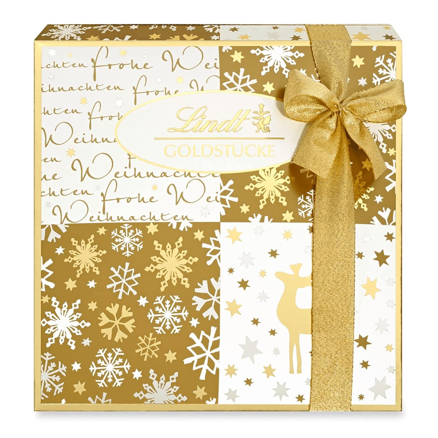 Lindt csokoládé | Doboz aranydarabos praliné | 180g | 18 praliné 10 választékban, finom praliné választék, néhány alkohollal | Prémium díszdoboz karácsonyi pralinéval