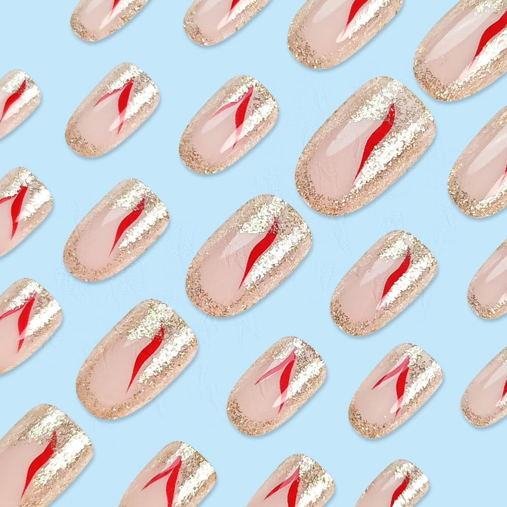 24 buc unghii scurte cu presă pe unghii artificiale cu sclipici auriu pentru lipire pe unghii adezive roșii cu vârtej set unghii acrilice accesorii pentru femei