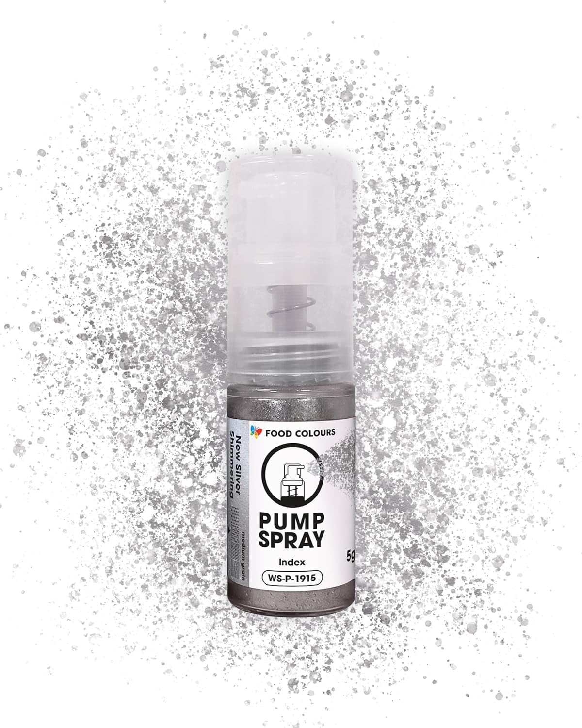 Spray alimentar cu sclipici comestibil NOUĂ pompă SILVER SHIMMERING 5G cu pudră metalică pentru decorarea rapidă și eficientă a prăjiturilor, cremelor, jeleurilor, pralinelor, decorațiunilor din ciocolată și zahăr