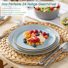 Geschirrset 6 Personen, vancasso RENO 24-tlg Steingut Teller Set Mix, Tafelservice mit je 6 Speiseteller, Dessertteller, Suppenteller, Müslischalen, Spülmaschinenfest & Mikrowellengeeignet, Mehrfarbig