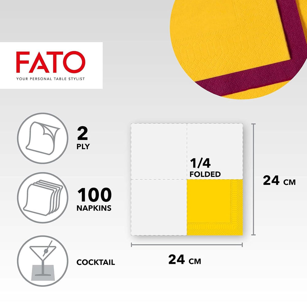 , Șervețele de hârtie de unică folosință, ideale pentru aperitive și cocktailuri, pachet de 100 de șervețele, dimensiune 24X24, 4 straturi, 2 straturi, culoare galbenă, 100% hârtie din celuloză pură, certificate Fsc (pachet de 3)