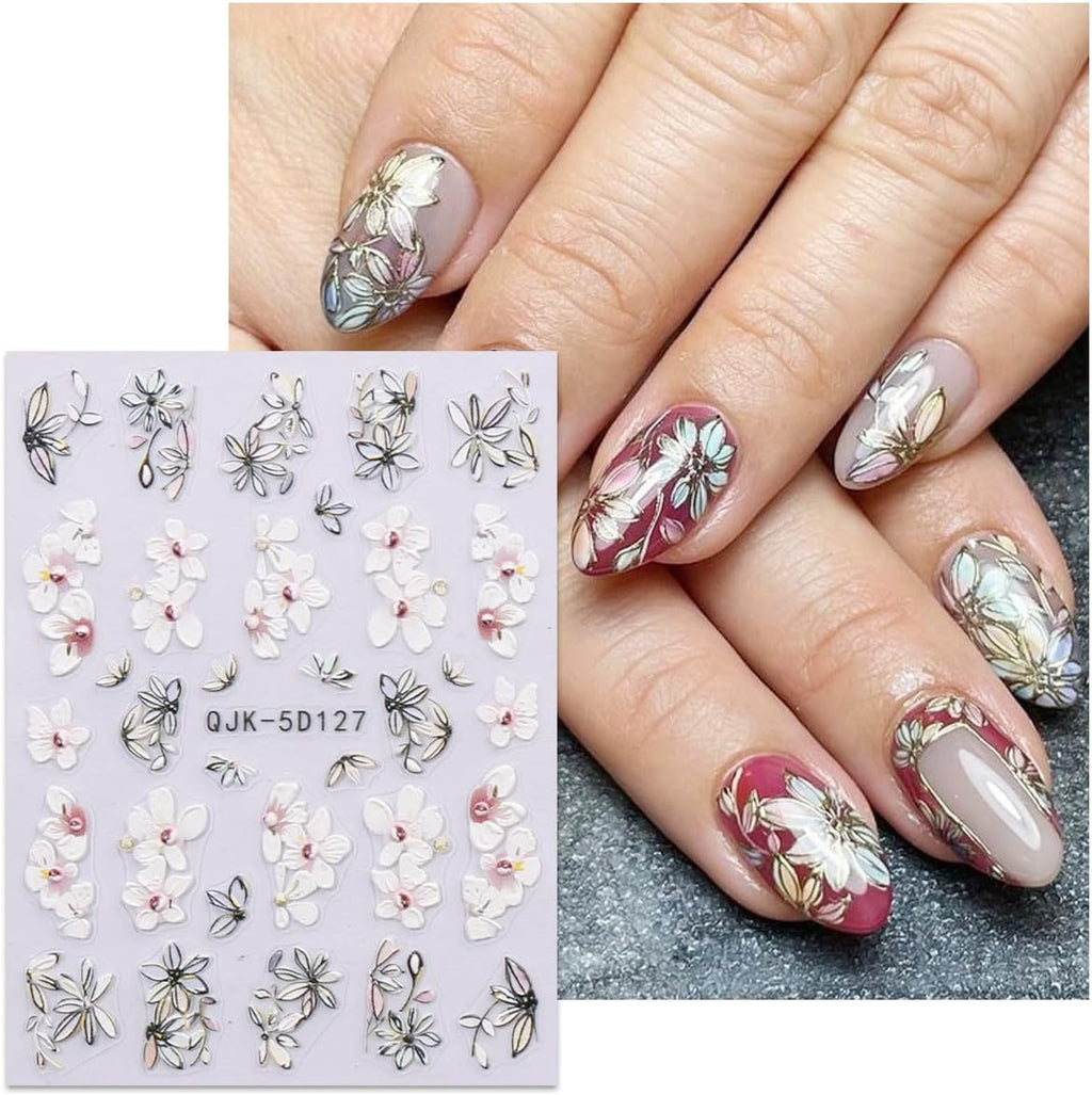 JMEOWIO 3D Nagelsticker Blumen Nail Art Sticker Selbstklebend Nagelaufkleber 5D Stereoskopisch Frühling Sommer Dekoration Nageldesign Zubehör 4 Blatt