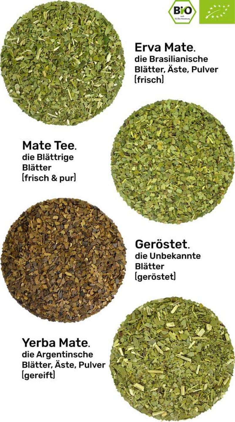 Set de degustare ceai Mate ● 4 sortimente de ceai Mate bio ● Câte 100 g Erva Mate + Yerba Mate + Ceai verde Mate + Ceai Mate prăjit