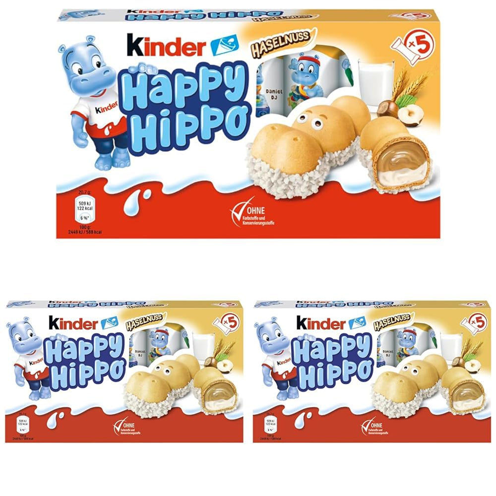 Kinder Happy Hippo Hazelnut – Különleges ropogós ostyák tejjel és mogyorókrémmel – Farsangi és Mardi Gras édességek – 1 csomag 5 db 20,7 g-os szeletet tartalmaz
