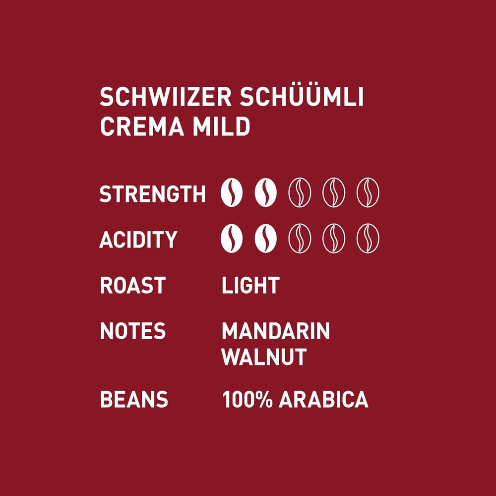 Schwiizer Schüümli Crema Mild, boabe de cafea 100% Arabica fine, armonioase și blânde, ideale pentru espressoare automate, tărie 2/5, prăjire ușoară, Rainforest Alliance, 1kg