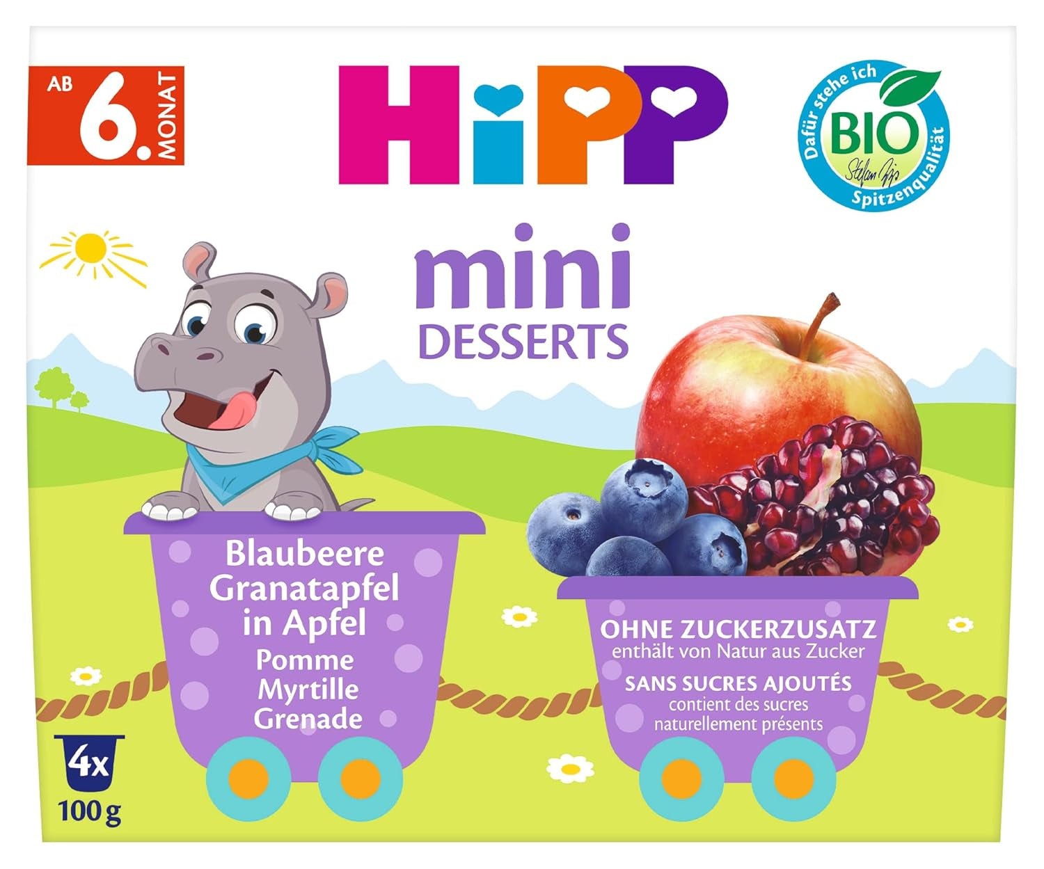 HiPP Organic Mini Desszert áfonyával és gránátalmával alma ízben (6 x 4 x 100 g-os kiszerelés), 6 hónapos kortól, praktikus csészékben, hozzáadott cukor nélkül, legjobb bio minőség