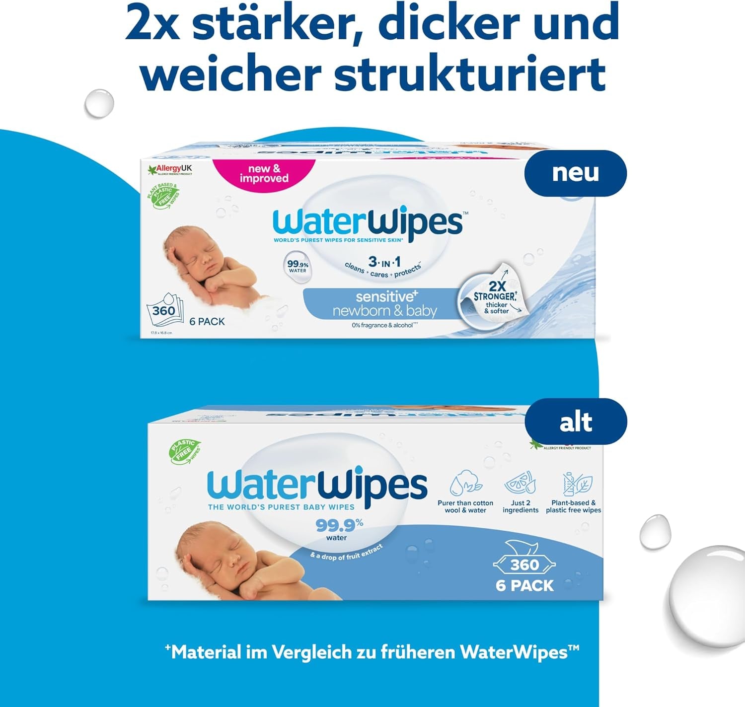 WaterWipes Sensitive+ Nedves törlőkendő újszülötteknek és csecsemőknek, 360 db (6 csomag), 3 az 1-ben Tisztítás, ápolás, védelem, 99,9% víz, illatmentes