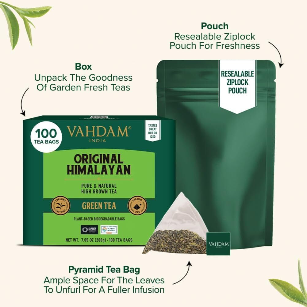 VAHDAM, ceai verde din Himalaya (100 pliculețe de ceai) 100% pur și aromat | Frunze de ceai verde natural | Vegan, fără gluten, fără lactoză | Proaspăt și direct de la sursa din India | Ceai verde