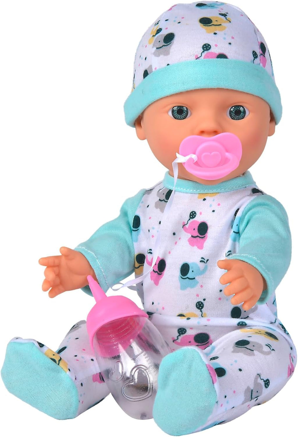 New Born Baby Little Elephant vinil baba etető és ivó funkcióval, üveg és cumi, 30 cm, 2 éves babák Naty Shop