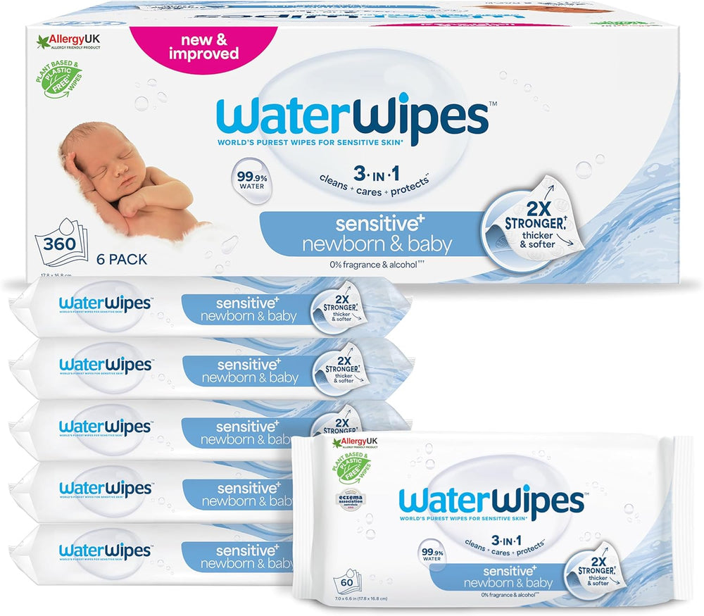 WaterWipes Sensitive+ Nedves törlőkendő újszülötteknek és babáknak, 720 darab (12 csomag), 3 az 1-ben tisztítás, ápolás, védelem, 99,9% víz, illatmentes