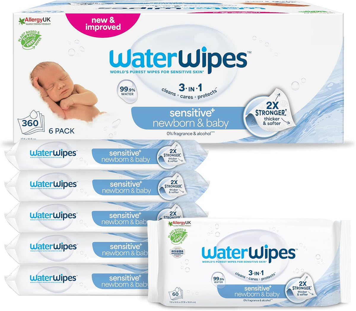 WaterWipes Sensitive+ Nedves törlőkendő újszülötteknek és csecsemőknek, 360 db (6 csomag), 3 az 1-ben Tisztítás, ápolás, védelem, 99,9% víz, illatmentes