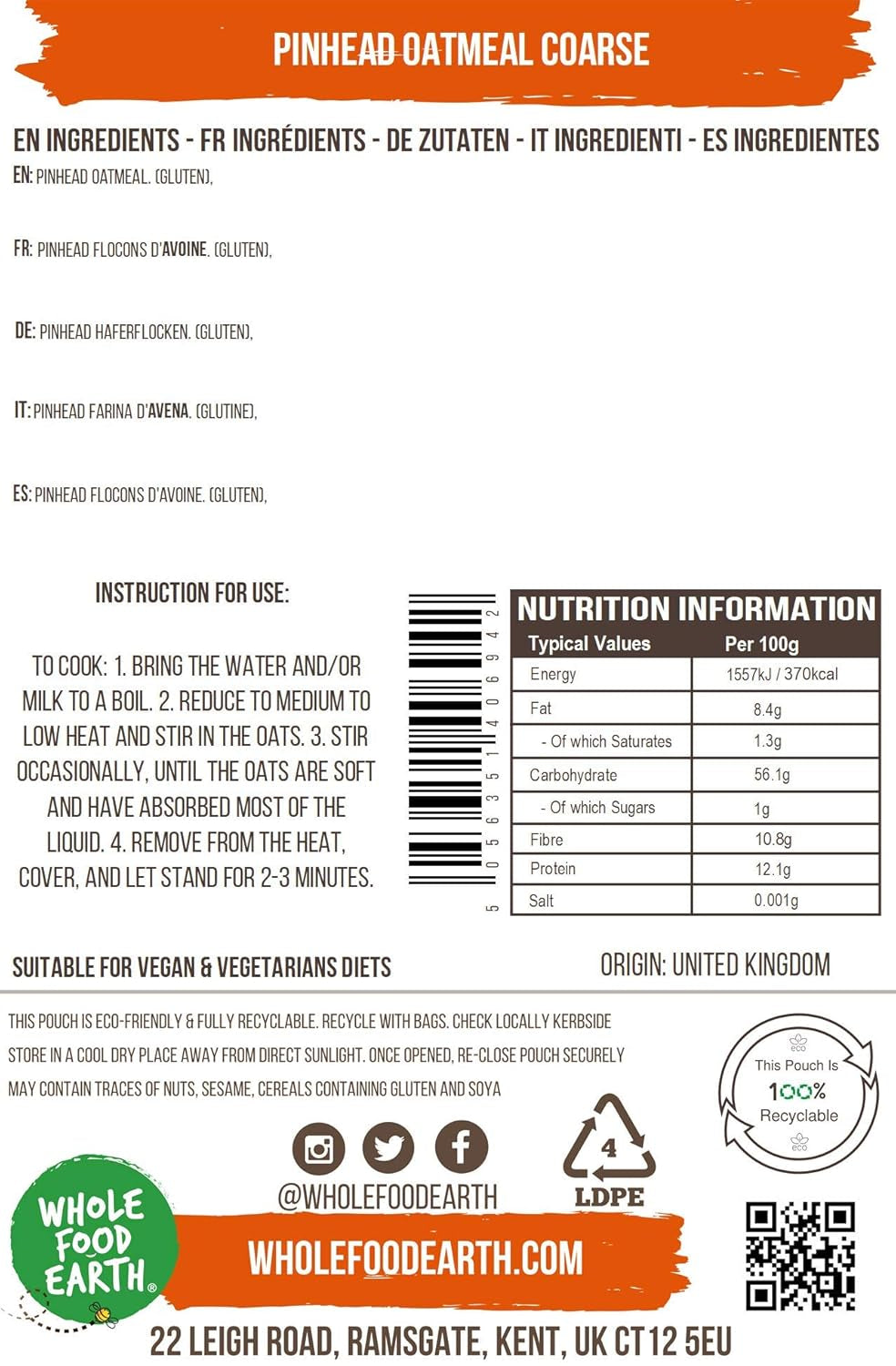 Teljes élelmiszer föld tűfejű zabpehely durva stabilizált 3kg | Nem GMO | Rostban gazdag